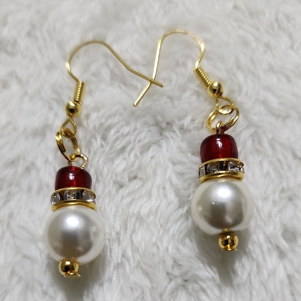 Handcrafted by Carolle Elegant Gold and Red Pearl Earrings.